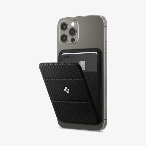 AMP02835 - Universal Card Holder Smart Fold in gunmetal showing the front attached to the back of a device